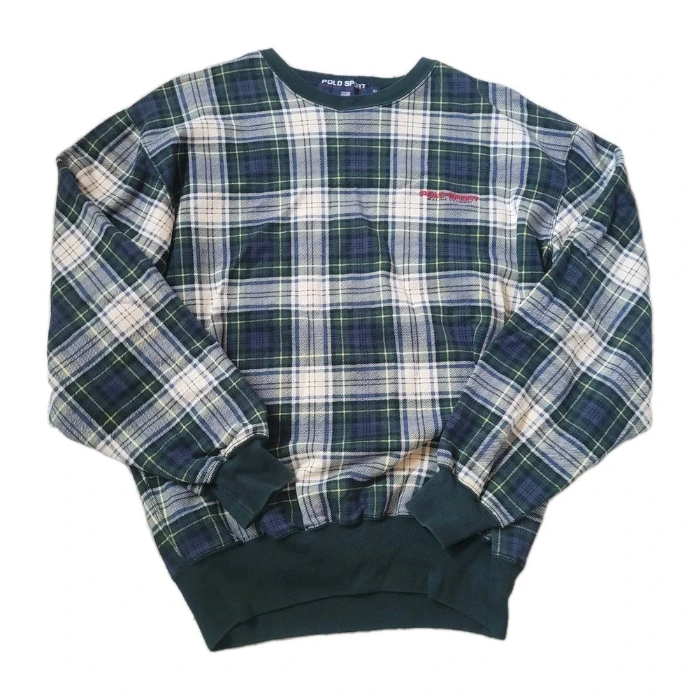 VTG Polo Sport Ralph Lauren Plaid Sweatshirt Small Green Blue Tartan 90 Crewneck
